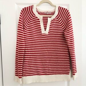 Red & White Striped Rugby Notched Collar Long Sleeve Wool Blend Spring Sweater